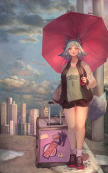 Rule 34 | 1girl, animal ears, blue hair, cloud, cloudy sky, fangs, highres, holding, holding umbrella, jacket, original, plaster (2501), rolling suitcase, shoes, short hair, shorts, sky, skyline, sneakers, standing, suitcase, tail, umbrella, yellow eyes