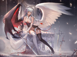 Rule 34 | 1girl, angel wings, asymmetrical footwear, asymmetrical gloves, asymmetrical legwear, asymmetrical wings, babydoll, bare shoulders, black gloves, black panties, black thighhighs, boots, breasts, camisole, choker, cleavage, cross, demon tail, demon wings, elbow gloves, fom (lifotai), garter straps, gloves, green eyes, hair ribbon, heterochromia, high heel boots, high heels, highres, long hair, looking at viewer, mismatched footwear, mismatched gloves, mismatched legwear, original, panties, petals, ribbon, silver hair, sitting, smile, solo, sword, tail, thigh boots, thighhighs, thorns, twintails, two side up, underwear, weapon, white gloves, white thighhighs, wings, yellow eyes