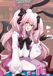 Rule 34 | 1girl, absurdres, animal ear fluff, animal ears, black bow, black gloves, blush, bow, breasts, card, coattails, collared shirt, corset, dress shirt, fate/grand order, fate (series), fox tail, glasses, gloves, hair between eyes, hair bow, highres, koyanskaya (assassin) (second ascension) (fate), koyanskaya (fate), large breasts, long hair, long sleeves, looking at viewer, nanakaku, open mouth, pantyhose, pink hair, pink vest, playing card, poker chip, rabbit ears, shirt, sidelocks, smile, tail, tamamo (fate), thighs, tongue, tongue out, twintails, underbust, vest, white pantyhose, white shirt, yellow eyes