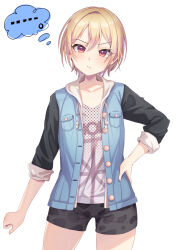 Rule 34 | ..., 1girl, absurdres, blonde hair, blush, closed mouth, collarbone, commentary, cowboy shot, eitopondo, grey shorts, hair between eyes, hand on own hip, highres, idolmaster, idolmaster shiny colors, jacket, looking at viewer, multicolored clothes, multicolored jacket, open clothes, open jacket, polka dot, polka dot shirt, print shirt, print shorts, purple eyes, saijo juri, shirt, short hair, shorts, simple background, sleeves rolled up, solo, thought bubble, two-tone jacket, v-shaped eyebrows, white background, white shirt