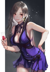 Rule 34 | 1girl, backless dress, backless outfit, bare arms, bare shoulders, black flower, black hair, black rose, blush, breasts, cleavage, closed mouth, commentary, cowboy shot, crescent, crescent earrings, cup, dress, drink, drinking glass, earrings, final fantasy, final fantasy vii, final fantasy vii remake, flower, gold earrings, hair behind ear, hand on own hip, hinoru saikusa, holding, holding cup, jewelry, large breasts, lips, long hair, looking at viewer, neck ribbon, official alternate costume, purple dress, red eyes, ribbon, rose, short dress, single earring, smile, solo, swept bangs, tifa lockhart, tifa lockhart (refined dress)