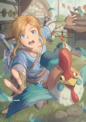 Rule 34 | beak, bird, blonde hair, blue eyes, blue tunic, chicken, cucco, falling feathers, feathers, fence, fingerless gloves, gloves, grass, grey shirt, highres, ilstraight mima, link, male focus, master sword, medium hair, nintendo, open mouth, outdoors, outstretched hand, pointy ears, shield, shield on back, shirt, sidelocks, sweatdrop, teeth, the legend of zelda, the legend of zelda: breath of the wild, upper teeth only, weapon, weapon on back, wide-eyed, yellow eyes