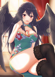 Rule 34 | 1girl, absurdres, alternate costume, bare arms, bare shoulders, bird wings, black hair, black socks, black thighhighs, black wings, blush, breasts, center opening, china dress, chinese clothes, commentary request, crossed legs, dress, floral print, hair between eyes, hand up, highres, indoors, kneehighs, large breasts, long hair, looking at viewer, o1118, open mouth, print dress, red eyes, reiuji utsuho, sitting, sleeveless, sleeveless dress, slit pupils, smile, socks, solo, thighhighs, thighs, third eye, touhou, very long hair, window, wings