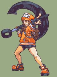 Rule 34 | 1girl, anchor, bike shorts, black gloves, brown hair, fingerless gloves, glaceo, gloves, grey background, guilty gear, hat, hat ornament, highres, holding, holding anchor, jacket, may (guilty gear), open mouth, orange eyes, orange footwear, orange hat, orange jacket, orange shirt, pirate hat, pixel art, pointing, shirt, shorts, simple background, skull and crossbones, skull hat ornament, smile, solo