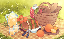 Rule 34 | bad id, bad pixiv id, bottle, bread, cheese, cup, drinking glass, flower, food, food focus, fork, fruit, grapes, grass, ice, ice cube, im honeybread, knife, lettuce, loaf of bread, milk bottle, no humans, orange (fruit), original, outdoors, picnic, picnic basket, pitcher (container), plant, red flower, red tulip, sandwich, still life, tomato, tulip, white flower