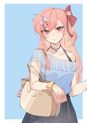 Rule 34 | 1girl, :o, absurdres, alternate costume, bag, blouse, blue background, blue shirt, blush, bow, braid, breasts, casual, character name, choker, girls&#039; frontline, hair between eyes, hair bow, hair ornament, hair ribbon, hairclip, handbag, head tilt, hexagram, highres, holding, holding bag, jingo, light particles, long hair, looking at viewer, negev (girls&#039; frontline), off shoulder, one side up, open mouth, outside border, pink hair, red bow, red eyes, ribbon, scrunchie, shirt, shoulder bag, side braid, simple background, skirt, smile, solo, star of david, tsurime, wrist scrunchie