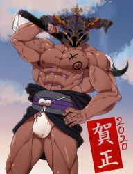 Rule 34 | 1boy, 2020, abs, absurdres, alternate costume, bad id, bad pixiv id, bara, bare pectorals, biceps, bodypaint, bulge, dark-skinned male, dark skin, draph, fake horns, feet out of frame, fundoshi, granblue fantasy, happy new year, helmet, highres, horned helmet, horns, japanese clothes, kimono, large pectorals, looking at viewer, male focus, muscular, muscular male, new year, nipples, open clothes, open kimono, over shoulder, pectorals, smith (ardp13), solo, stomach, thighs, vaseraga, veins, weapon, weapon over shoulder