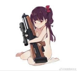Rule 34 | 1girl, artist request, barefoot, bow, breasts, child, closed mouth, girls&#039; frontline, gun, hair bow, highres, long hair, looking away, navel, nude, hugging object, one side up, purple hair, red eyes, rifle, simple background, sitting, small breasts, sniper rifle, solo, wa2000 (girls&#039; frontline), wariza, weapon, weibo watermark, white background, aged down