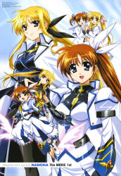 Rule 34 | 00s, 10s, 2girls, absurdres, bardiche (axe form) (nanoha), bardiche (nanoha), blonde hair, blue eyes, brown hair, dual persona, fate testarossa, fate testarossa (impulse form), fate testarossa (movie 1st form), highres, holding hands, long hair, lyrical nanoha, magical girl, mahou shoujo lyrical nanoha, mahou shoujo lyrical nanoha a&#039;s, mahou shoujo lyrical nanoha strikers, mahou shoujo lyrical nanoha the movie 1st, megami magazine, multiple girls, official art, okuda yasuhiro, open mouth, ponytail, purple eyes, raising heart, raising heart (device mode) (1st), red eyes, school uniform, side ponytail, smile, takamachi nanoha, takamachi nanoha (exceed mode), takamachi nanoha (movie 1st mode), thighhighs, time paradox, twintails