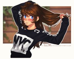 Rule 34 | 1girl, adjusting hair, alternate hair length, alternate hairstyle, blue eyes, blush, breasts, brooke (mleth), brown hair, commentary, freckles, hair down, highres, long hair, looking at viewer, mleth, mouth hold, original, small breasts, smile, solo, standing, sweater, unworn scrunchie, upper body, watermark, web address