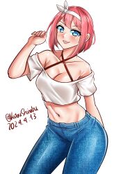 Rule 34 | absurdres, alternate costume, ark royal (kancolle), blue eyes, blue pants, bob cut, breasts, cleavage, criss-cross halter, crop top, dated, denim, halterneck, highres, inverted bob, jeans, kantai collection, katou shinobu, lips, medium breasts, navel, one-hour drawing challenge, pants, parted lips, red hair, shirt, short hair, simple background, smile, twitter username, white background, white shirt