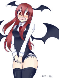 Rule 34 | 1girl, artist request, bat wings, black panties, black thighhighs, blush, breasts, covering privates, covering crotch, dress shirt, embarrassed, head wings, koakuma, lace, lace-trimmed panties, lace trim, long hair, long sleeves, looking away, necktie, nintoku, no pants, open mouth, panties, shirt, shirt tug, skindentation, solo, tears, thighhighs, touhou, underwear, vest, wavy mouth, white shirt, wings, zettai ryouiki