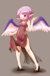 Rule 34 | 1girl, absurdres, animal ears, arinu, bare legs, bare shoulders, china dress, chinese clothes, dress, female focus, highres, mystia lorelei, no headwear, one eye closed, pink hair, short hair, side slit, simple background, solo, touhou, wings, wink