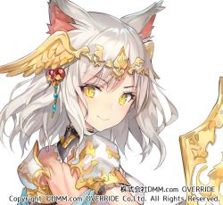 Rule 34 | 1girl, animal ears, arm up, bare back, close-up, closed mouth, copyright notice, detached collar, detached sleeves, english text, eyelashes, eyes visible through hair, gold trim, hair bobbles, hair ornament, head wings, headgear, holding, holding shield, juliet sleeves, kanpani girls, lace-trimmed collar, lace-trimmed sleeves, lace trim, long sleeves, looking at viewer, looking back, momoko (momopoco), nomada nihil, nomadoa nihiru, parted bangs, puffy sleeves, sash, see-through, shield, short hair, short sleeves, silver hair, simple background, slit pupils, smile, solo, text focus, watermark, wavy hair, web address, white background, wings, wolf ears, wolf girl, yellow eyes