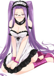 Rule 34 | 1girl, breasts, cleavage, cosplay, euryale (fate), euryale (fate) (cosplay), fate/hollow ataraxia, fate/stay night, fate (series), glasses, long hair, medusa (fate), medusa (rider) (fate), mizuki makoto, simple background, solo, square pupils, stheno (fate), very long hair, white background