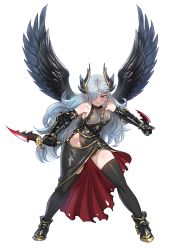 Rule 34 | 1girl, bare shoulders, black dress, black footwear, black thighhighs, black wings, bow (bhp), breasts, closed mouth, dagger, dress, dual wielding, elbow gloves, feathered wings, fighting stance, full body, gauntlets, gloves, grey hair, hair over one eye, high heels, holding, holding dagger, holding knife, holding weapon, knife, large breasts, legs apart, long hair, looking at viewer, one eye covered, original, red eyes, reverse grip, simple background, smile, solo, spread wings, standing, thighhighs, weapon, white background, wings