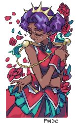 Rule 34 | 1girl, aiguillette, artist name, border, breasts, closed eyes, closed mouth, cowboy shot, crown, dark-skinned female, dark skin, dress, epaulettes, facial mark, facing to the side, findoworld, flower, forehead mark, glasses, hand on own chest, hand up, highres, himemiya anthy, medium breasts, parted bangs, petals, purple hair, red dress, red flower, red rose, rose, rose petals, round eyewear, short hair, shoujo kakumei utena, smile, standing, white background, white border, wrist cuffs
