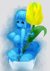 Rule 34 | 1girl, blue eyes, blue hair, blue skin, blue theme, breasts, colored skin, cup, flower, highres, in container, in cup, large breasts, long hair, matching hair/eyes, mini person, minigirl, monster girl, nijitama shiyushiyu, nipples, original, slime girl, solo, tentacle hair, v arms