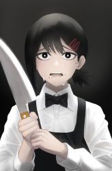 Rule 34 | 1girl, absurdres, apron, black apron, black background, black bow, black bowtie, black hair, bow, bowtie, chainsaw man, hair ornament, hairclip, higashiyama kobeni, highres, holding, holding knife, holding weapon, knife, long sleeves, looking at viewer, mole, mole under eye, mole under mouth, nervous, open mouth, sailen0, short hair, simple background, solo, standing, sweat, sweatdrop, weapon
