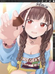 Rule 34 | 1girl, bare shoulders, bead bracelet, beads, beanie, blue panties, blue shirt, blush, bracelet, braid, breasts, brown hair, chocolate, choker, cleavage, clothes writing, collarbone, earrings, hat, highres, idolmaster, idolmaster shiny colors, incoming food, jewelry, large breasts, leaning forward, long hair, long sleeves, looking at viewer, low-tied long hair, misekai 555, necklace, off shoulder, open mouth, outstretched arm, panties, red eyes, shirt, smile, solo, sonoda chiyoko, twin braids, underwear, white hat, yellow shirt