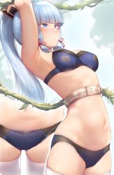 Rule 34 | 1girl, armpit lips, armpits, arms up, artist name, ayaka (genshin impact), blue bra, blue eyes, blue hair, blue panties, blunt bangs, blush, bow, bow panties, bra, breasts, flower knot, forest, from side, genshin impact, hair ribbon, highres, kimoshi, light blue hair, long hair, medium breasts, nature, navel, panties, parted lips, plant, ponytail, restrained, ribbon, sky, solo, thighhighs, tress ribbon, underwear, vines, white thighhighs