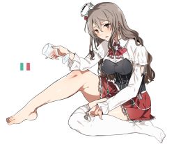Rule 34 | 10s, 1girl, asakawa (outeq), bad anatomy, barefoot, blush, bow, bowtie, breasts, brown eyes, corset, cup, drinking glass, drunk, feet, frills, full body, grey hair, hair between eyes, hat, italian flag, italy, kantai collection, large breasts, long hair, long sleeves, mini hat, miniskirt, open mouth, pola (kancolle), removing sock, shirt, simple background, single thighhigh, sitting, skirt, solo, thighhighs, wavy hair, white background, white shirt, white thighhighs, wine glass