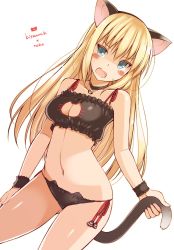 Rule 34 | 10s, 1girl, animal ears, bell, bismarck (kancolle), blue eyes, blush, bra, breasts, cat cutout, cat ear panties, cat ears, cat lingerie, cat tail, cleavage, cleavage cutout, clothing cutout, highres, jingle bell, kantai collection, long hair, looking at viewer, meme attire, navel, ohta yuichi, panties, side-tie panties, solo, tail, underwear, underwear only