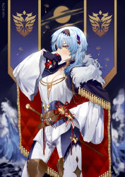 Rule 34 | 1girl, absurdres, alternate costume, arm behind back, artist name, banner, belt, black cape, black gloves, black hairband, blue hair, blurry, blurry background, boots, breasts, brown belt, cape, chalice, cleavage, cowboy shot, crest, cup, drinking, eula (genshin impact), family crest, fur-trimmed cape, fur trim, genshin impact, gloves, gold tassel, hair between eyes, hairband, hand up, highres, holding, holding cup, long sleeves, looking ahead, medium breasts, medium hair, multicolored eyes, neirdr1, open clothes, open shirt, pants, purple eyes, shirt, solo, star (symbol), tassel, thigh boots, two-sided cape, two-sided fabric, two-tone eyes, waves, white pants, white shirt, wide sleeves, yellow eyes