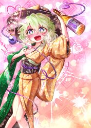 Rule 34 | +++, 1girl, alcohol, alternate costume, arm up, blush, bottle, bow, breasts, commentary request, drooling, drunk, furisode, green eyes, green hair, hair between eyes, hat, hat bow, heart, highres, holding, holding bottle, japanese clothes, kimono, knees together feet apart, komeiji koishi, looking at viewer, nomayo, nose blush, obi, open mouth, saliva, sash, small breasts, solo, sweat, tasuki, third eye, touhou, yellow bow