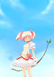 Rule 34 | 10s, 1girl, ^ ^, bow (weapon), choker, closed eyes, day, gloves, hair ribbon, head tilt, highres, kaname madoka, mahou shoujo madoka magica, mahou shoujo madoka magica (anime), oka (umanihiki), pink hair, ribbon, sky, smile, solo, standing, twintails, weapon