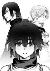 1girl 2boys absurdres black_hair blonde_hair choujin_x glasses hair_over_one_eye height_difference higashi_azuma_(choujin_x) highres kurohara_tokio_(choujin_x) military_uniform mishumi_jugem monochrome multiple_boys otta_ely_(choujin_x) shirt short_ponytail sleeveless sleeveless_shirt white_background