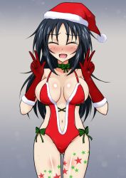 Rule 34 | 1girl, black hair, blush, breasts, breasts apart, christmas, cleavage, closed eyes, collarbone, covered erect nipples, double v, freckles, girls und panzer, gloves, gluteal fold, gradient background, groin, hat, izumi (izumi p), large breasts, long hair, navel, open mouth, red gloves, santa hat, shiny skin, simple background, smile, solo, standing, trembling, v, yamagou ayumi