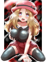 Rule 34 | 1girl, blonde hair, breasts, creatures (company), game freak, hat, heart, heart-shaped pupils, highres, large breasts, misahiro, nintendo, open mouth, pokemon, pokemon xy, serena (pokemon), solo, symbol-shaped pupils