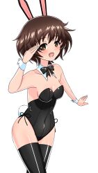 Rule 34 | 1girl, absurdres, akiyama yukari, animal ears, black bow, black bowtie, black leotard, black thighhighs, bow, bowtie, breasts, brown eyes, brown hair, commentary request, covered navel, cowboy shot, detached collar, earlobe1514366, fake animal ears, fake tail, girls und panzer, highres, leaning forward, leotard, looking at viewer, medium breasts, messy hair, open mouth, partial commentary, playboy bunny, rabbit ears, rabbit tail, short hair, side-tie leotard, simple background, smile, solo, standing, strapless, strapless leotard, tail, thighhighs, white background, wing collar, wrist cuffs