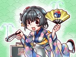 Rule 34 | 1girl, artist logo, black hair, blue kimono, folded fan, commentary request, cowboy shot, folding fan, hair ornament, hairclip, hand fan, japanese clothes, jingei (kancolle), kantai collection, kimono, kutone shirika, long hair, looking at viewer, official alternate costume, red eyes, sandals, short hair, solo, standing, standing on one leg, tabi, water