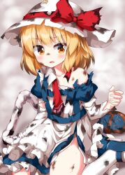 Rule 34 | 1girl, apron, bare shoulders, blonde hair, blue dress, blue footwear, bow, bowtie, collarbone, commentary request, dress, elbow gloves, gloves, hat, hat bow, highres, kana anaberal, mary janes, medium hair, parted lips, red bow, red bowtie, ruu (tksymkw), shoes, sitting, socks, solo, sun hat, torn apron, torn bowtie, torn clothes, torn dress, torn gloves, torn hat, touhou, touhou (pc-98), wariza, white apron, white hat, white socks, yellow eyes