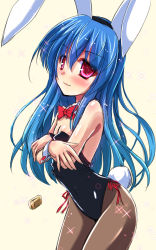 Rule 34 | 1girl, animal ears, blue hair, breasts, rabbit ears, rabbit tail, playboy bunny, cleavage, detached collar, fake animal ears, hairband, hinanawi tenshi, lighter, long hair, pantyhose, red eyes, small breasts, solo, tail, touhou, wrist cuffs, yamu (reverse noise)