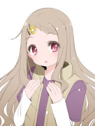 Rule 34 | 10s, 1girl, :o, aoba kokona, blush, braid, braided bangs, brown hair, earth star entertainment, flower, hair flower, hair ornament, hairclip, hands on own chest, long hair, open mouth, pink eyes, red eyes, shouji ayumu, simple background, sleeves past wrists, solo, upper body, vest, white background, yama no susume