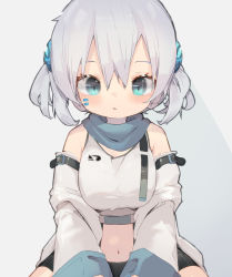 Rule 34 | 1girl, absurdres, bare shoulders, black shorts, blue eyes, blue scarf, blush, commentary, cowboy shot, crop top, dated commentary, detached sleeves, hair between eyes, hair ornament, highres, long sleeves, looking at viewer, navel, nep (nep 76), original, parted lips, scarf, shirt, shorts, solo, stomach, white hair, white shirt