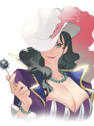 Rule 34 | 1girl, alvida (one piece), asymmetrical hair, bead bracelet, bead necklace, beads, black hair, blue eyes, bracelet, breasts, candy, cleavage, coat, cowboy hat, cropped torso, dress, food, hair over shoulder, hat, hat over one eye, holding, holding candy, holding food, holding lollipop, jewelry, large breasts, lips, lollipop, looking at viewer, medium hair, nail polish, necklace, one piece, open clothes, open coat, parted lips, plume, purple coat, purple dress, raine (acke2445), red lips, red nails, simple background, sketch, smile, solo, upper body, wavy hair, white background, white hat