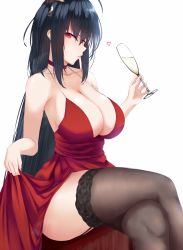 Rule 34 | 1girl, ahoge, alcohol, awu, azur lane, backlighting, bare shoulders, black hair, black thighhighs, breasts, champagne, champagne flute, choker, cleavage, cocktail dress, crossed bangs, crossed legs, cup, dress, drinking glass, from side, garter straps, hair between eyes, heart, highres, lace, lace-trimmed legwear, lace trim, large breasts, lifted by self, long hair, looking at viewer, mask, mask on head, no bra, official alternate costume, red choker, red dress, red eyes, simple background, sitting, solo, spoken heart, taihou (azur lane), taihou (forbidden feast) (azur lane), thighhighs, thighs, very long hair, white background