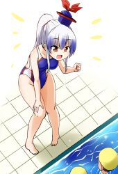 Rule 34 | 1girl, :d, barefoot, blue hair, blush, breasts, collarbone, competition swimsuit, full body, hat, hip focus, kamishirasawa keine, knees together feet apart, kousei (public planet), medium breasts, multicolored hair, one-piece swimsuit, open mouth, orange eyes, ponytail, pool, sidelocks, smile, solo focus, streaked hair, swim cap, swimsuit, thighs, touhou