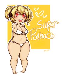 Rule 34 | 1girl, arms behind back, artist request, bare shoulders, barefoot, belly, bikini, blonde hair, breasts, character name, chibi, cleavage, headphones, heart, highres, hip focus, large breasts, legs, looking at viewer, navel, nitroplus, open mouth, plump, red eyes, smile, solo, source request, standing, super pochaco, swimsuit, thick thighs, thighs, toes, white bikini, wide hips