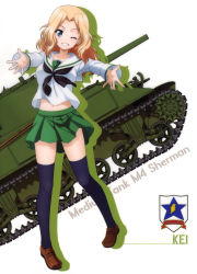 Rule 34 | 10s, 1girl, absurdres, black neckwear, blonde hair, blue eyes, blue thighhighs, brown footwear, character name, collarbone, full body, girls und panzer, grin, highres, kay (girls und panzer), loafers, long hair, m4 sherman, midriff, military, military vehicle, miniskirt, motor vehicle, navel, one eye closed, ooarai school uniform, outstretched arms, pleated skirt, school uniform, serafuku, shirt, shoes, skirt, smile, solo, standing, stomach, tank, thighhighs, uniform, white background, white shirt, zettai ryouiki