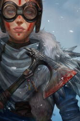 Rule 34 | 1other, androgynous, apex legends, axe, blood, bloodhound (apex legends), bloody weapon, blue eyes, blue jacket, brown headwear, commentary, eleonora lisi, english commentary, feather-trimmed jacket, feathers, fur-trimmed jacket, fur trim, goggles, highres, holding, holding axe, jacket, looking at viewer, official alternate costume, raven&#039;s bite, snowing, solo, straight-on, weapon, young blood bloodhound
