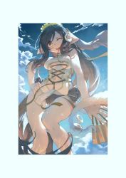 Rule 34 | 1girl, absurdly long hair, animal ears, aquaplus, ass, bare arms, bare legs, bare shoulders, bcm, black hair, blue sky, breast press, breasts, brown eyes, cat tail, cleavage, cloud, cloudy sky, collarbone, covered collarbone, eyes visible through hair, fingernails, from below, gradient eyes, hair between eyes, hair ornament, hair over one eye, hand fan, hand on own hip, head tilt, highres, holding, holding fan, holding weapon, jewelry, kuon (utawarerumono), kuon waves-enticing fan, leg up, long hair, looking at viewer, medium breasts, midriff, multicolored eyes, one eye closed, open mouth, outdoors, panties, pantyshot, raised eyebrows, ribbon, sidelocks, sky, sleeveless, solo, standing, swept bangs, swimsuit, tail, teeth, thighs, tongue, underboob, underwear, utawarerumono, utawarerumono: itsuwari no kamen, utawarerumono: lost flag, veil, very long hair, water drop, weapon, white tail, yellow eyes
