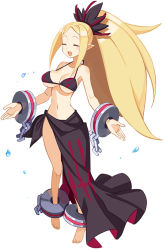 Rule 34 | 1girl, ankle cuffs, barefoot, bikini, blonde hair, breasts, closed eyes, cuffs, disgaea, disgaea rpg, full body, halterneck, healer (disgaea), high ponytail, large breasts, long hair, navel, official art, open mouth, parted bangs, photoshop (medium), pointy ears, sarong, shackles, simple background, solo, swimsuit, very long hair, water drop, white background