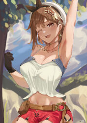 Rule 34 | 1girl, absurdres, armpits, atelier (series), belt, beret, black gloves, black ribbon, blurry, blush, breasts, brown belt, brown eyes, brown hair, cleavage, commentary request, depth of field, drop earrings, earrings, gloves, hair ribbon, hat, highres, jewelry, key, key necklace, large breasts, midriff, necklace, one eye closed, open mouth, outdoors, red shorts, reisalin stout, ribbon, shirt, short shorts, shorts, signature, smile, solo, upper body, white hat, white shirt, zino zinuo