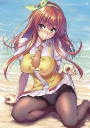 Rule 34 | 1girl, arm support, beach, blush, bow, breasts, closed mouth, clothes lift, day, dress, fingernails, green eyes, hair bow, head tilt, highres, holding, holding clothes, holding skirt, large breasts, lifted by self, lips, long hair, looking at viewer, necktie, orange hair, original, outdoors, panties, pantyhose, piromizu, puffy short sleeves, puffy sleeves, shore, short dress, short sleeves, sidelocks, sitting, skirt, skirt lift, smile, solo, underwear, water
