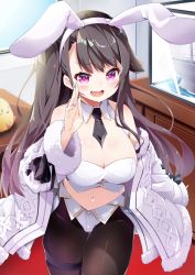 Rule 34 | 1girl, absurdres, adapted costume, animal ears, azur lane, bandeau, bare shoulders, black hair, blue nails, blush, breasts, carpet, chest of drawers, cleavage, collar, commentary request, desk, detached collar, eyebrows, fake animal ears, fang, fur-trimmed jacket, fur-trimmed sleeves, fur trim, hand on own cheek, hand on own face, head tilt, highres, indoors, jacket, large breasts, leer.meer, leotard, long hair, long sleeves, looking at viewer, manjuu (azur lane), model ship, nail polish, navel, necktie, off shoulder, on desk, open mouth, pamiat merkuria (azur lane), pantyhose, pink eyes, playboy bunny, red carpet, sidelocks, sitting, on desk, skin fang, skindentation, smile, solo, standing, thigh strap, very long hair, white bandeau, white jacket, window